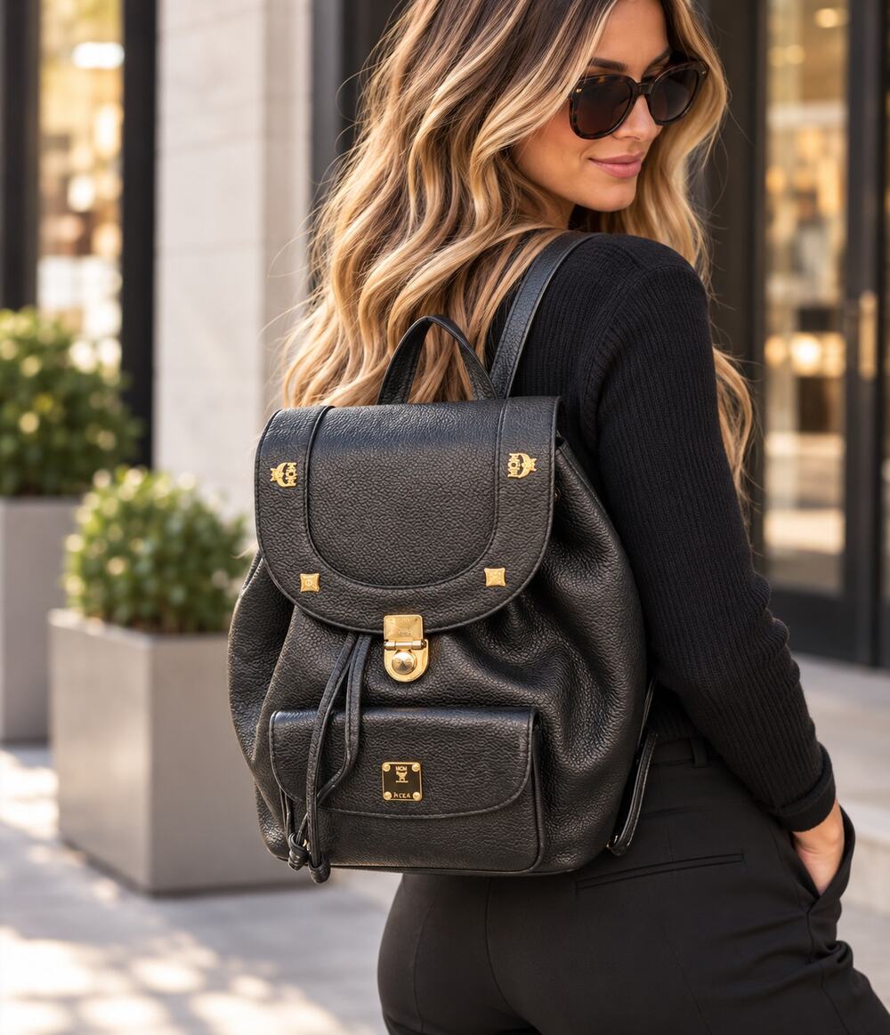 MCM Black Pebbled Leather Mini Backpack Gold Hardware Drawstring